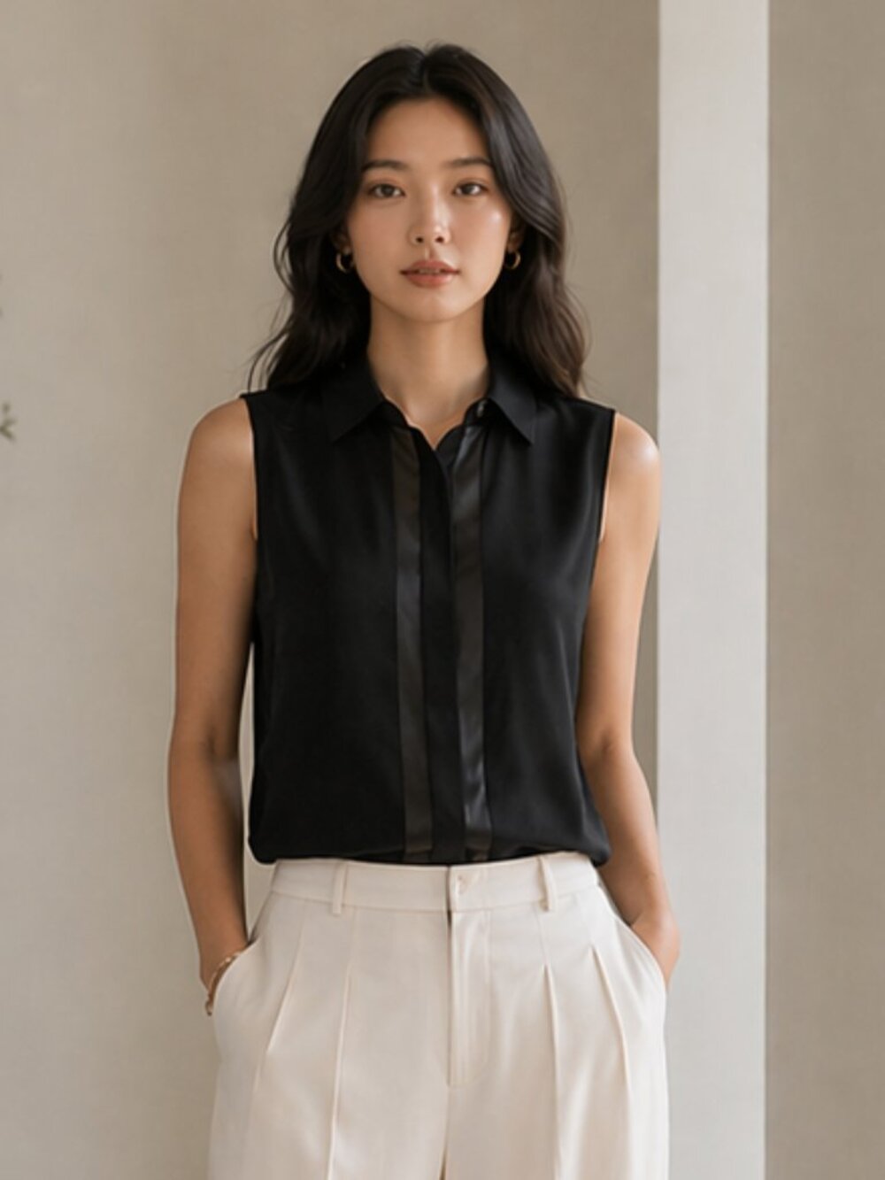 Vince Silk Sleeveless Blouse Black Button Down Collared Size 4
